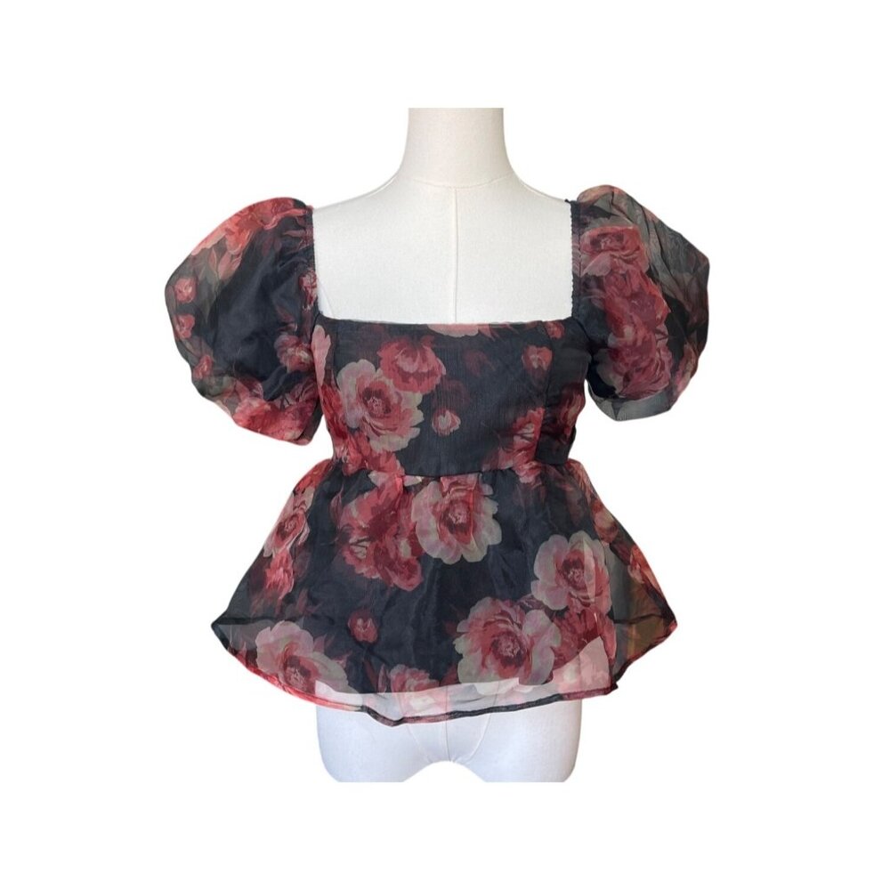Thirty Thirty Y2K‎ Babydoll Top M Milkmaid Dark Floral Forest Fairy Puff Sleeve